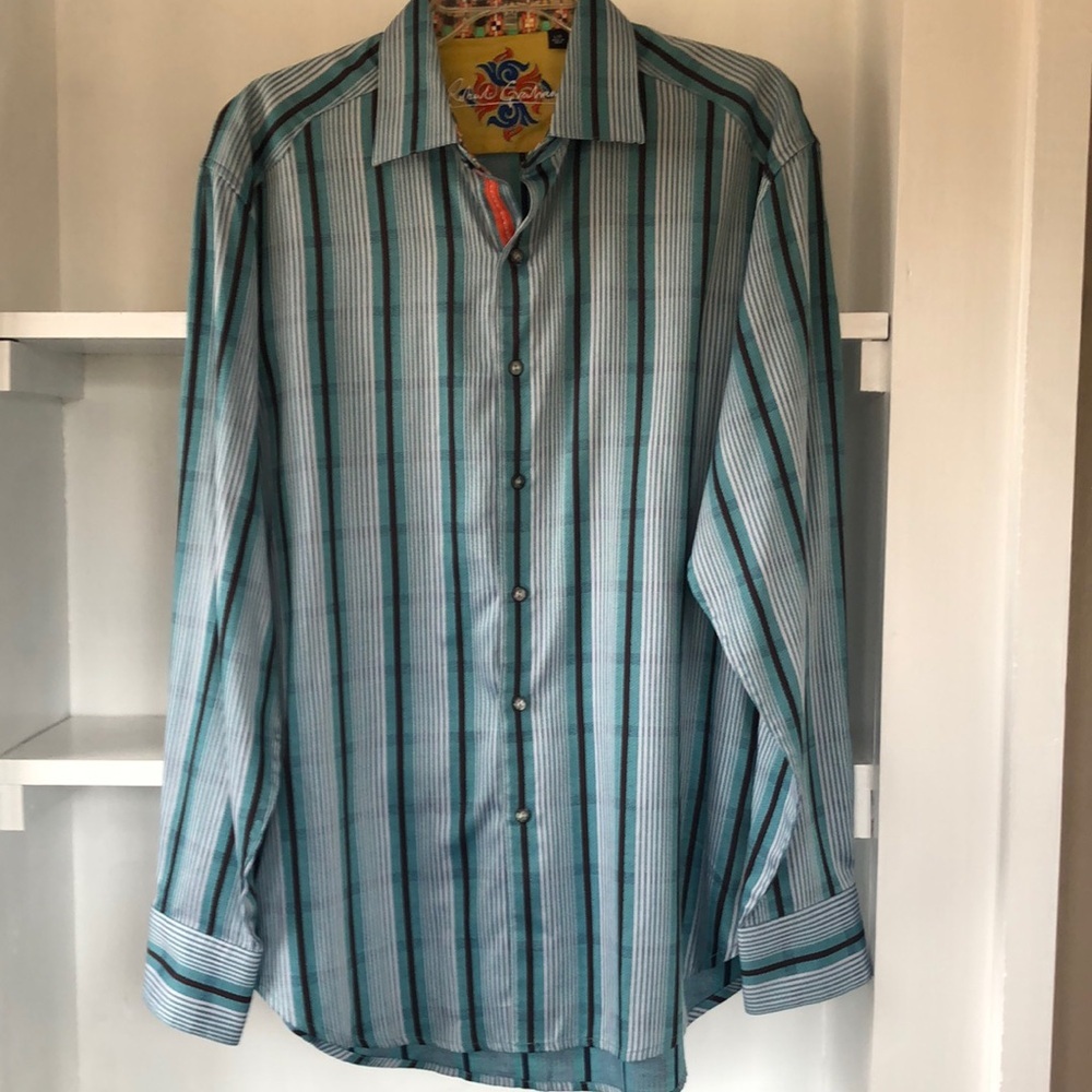 Robert Graham Blue Striped 100% Cotton Flip Cuff Button Down Shirt Men's Size L